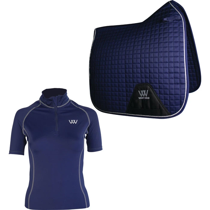 2022 Woof Wear Womens Short Sleeve Performance Riding Shirt & Dressage Saddle Cloth Bundle - Navy Colour Navy 1 2022 Woof Wear Womens Short Sleeve Performance Riding Shirt & Dressage Saddle Cloth Bundle - Navy Colour Navy