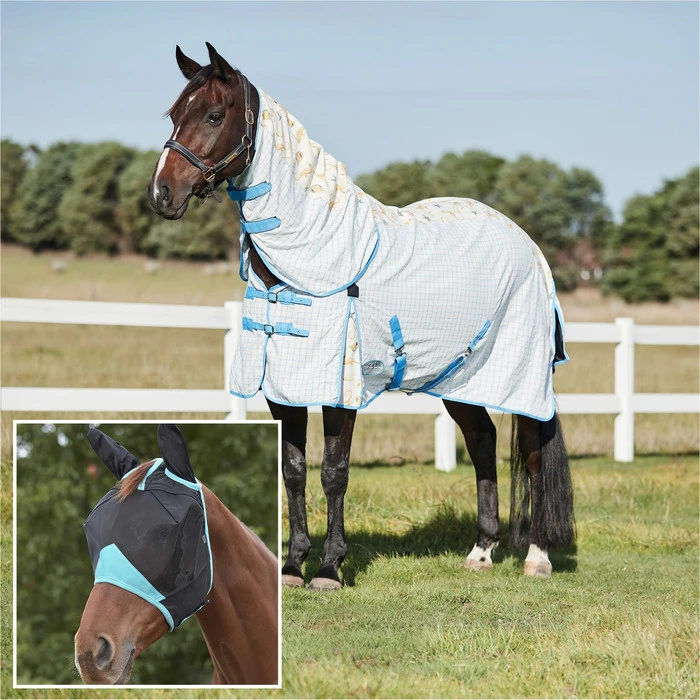 2023 Weatherbeeta Summer Sheet IV Lite Rug & Fly Mask SUPER DEAL WTRFM1 - Seahorse Print / Black / Turquoise 1 2023 Weatherbeeta Summer Sheet IV Lite Rug & Fly Mask SUPER DEAL WTRFM1 - Seahorse Print / Black / Turquoise
