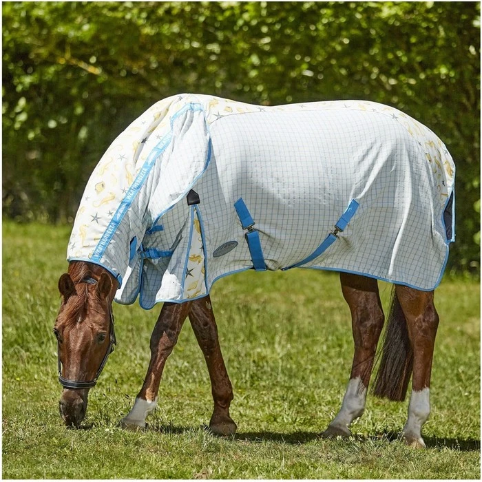 2023 Weatherbeeta Summer Sheet IV Lite Rug & Fly Mask SUPER DEAL WTRFM1 - Seahorse Print / Black / Turquoise 2 2023 Weatherbeeta Summer Sheet IV Lite Rug & Fly Mask SUPER DEAL WTRFM1 - Seahorse Print / Black / Turquoise - Image 2
